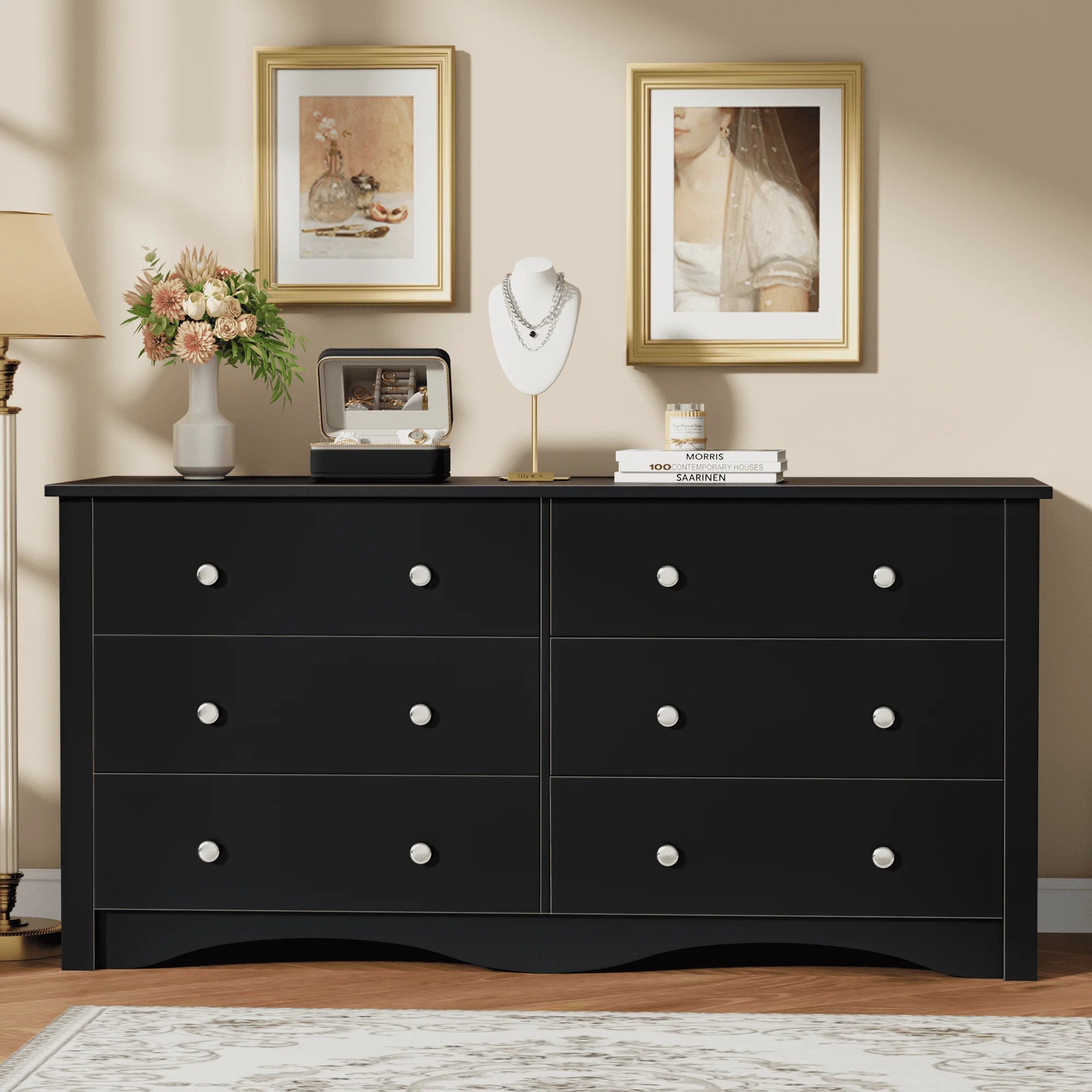 Homall 6 Drawer Dresser Furniture, Double Tier Storage Cabinet for Bedroom & Living Room, Black Finish