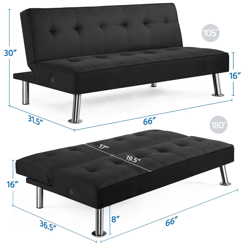 Alden Design 66" Modern Fabric Convertible Futon Sofa Bed with USB, Charcoal
