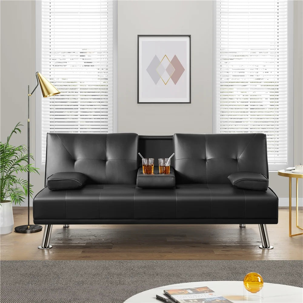 Renwick LuxuryGoods Modern Faux Leather Futon with Cupholders and Pillows, Black