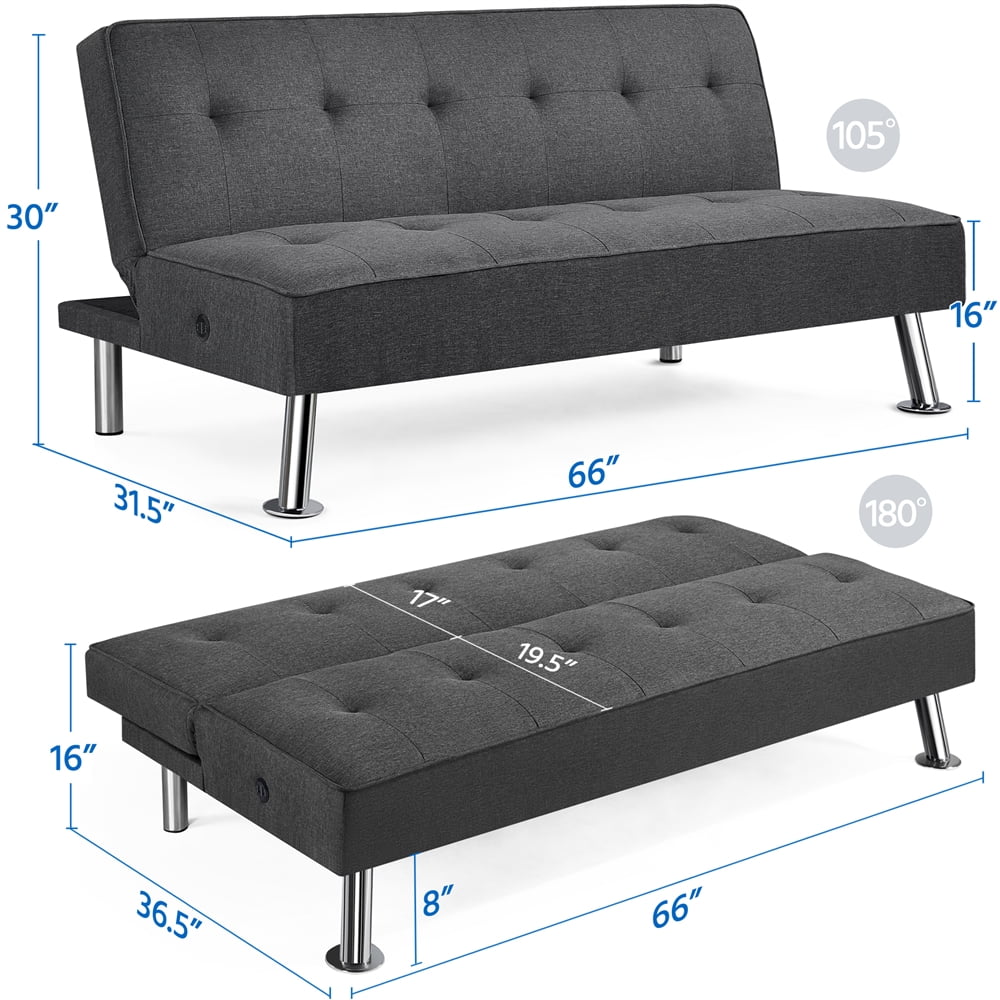 Alden Design 66" Modern Fabric Convertible Futon Sofa Bed with USB, Charcoal