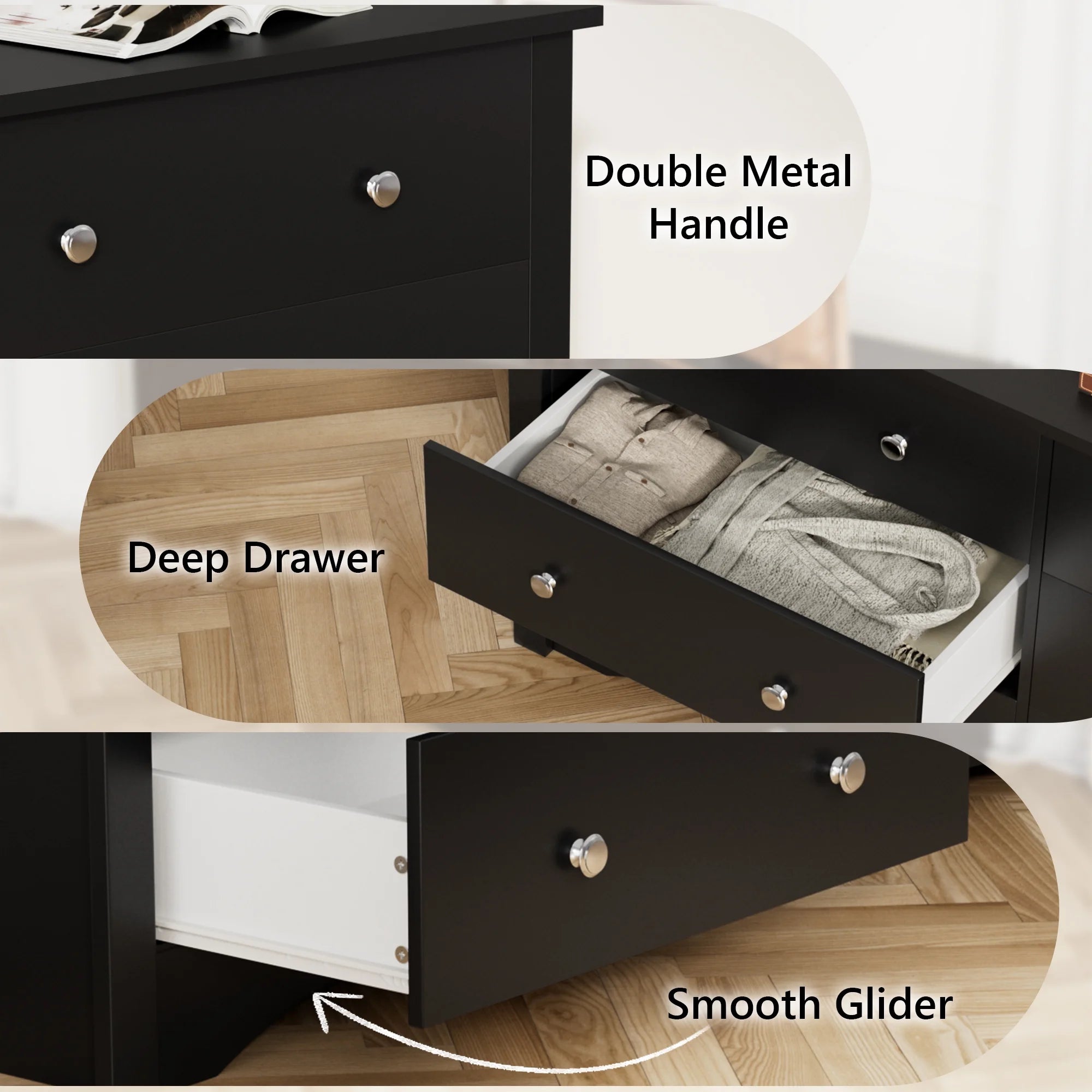 Homall 6 Drawer Dresser Furniture, Double Tier Storage Cabinet for Bedroom & Living Room, Black Finish