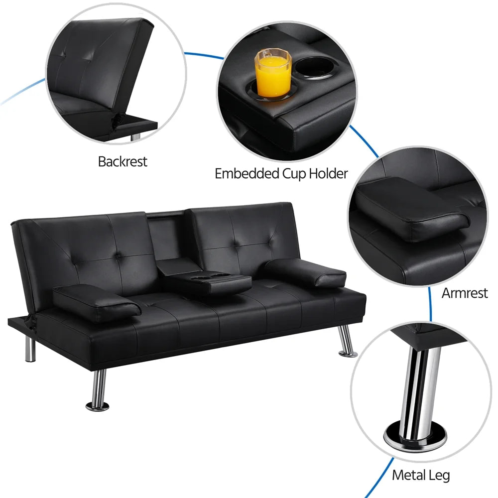 Renwick LuxuryGoods Modern Faux Leather Futon with Cupholders and Pillows, Black