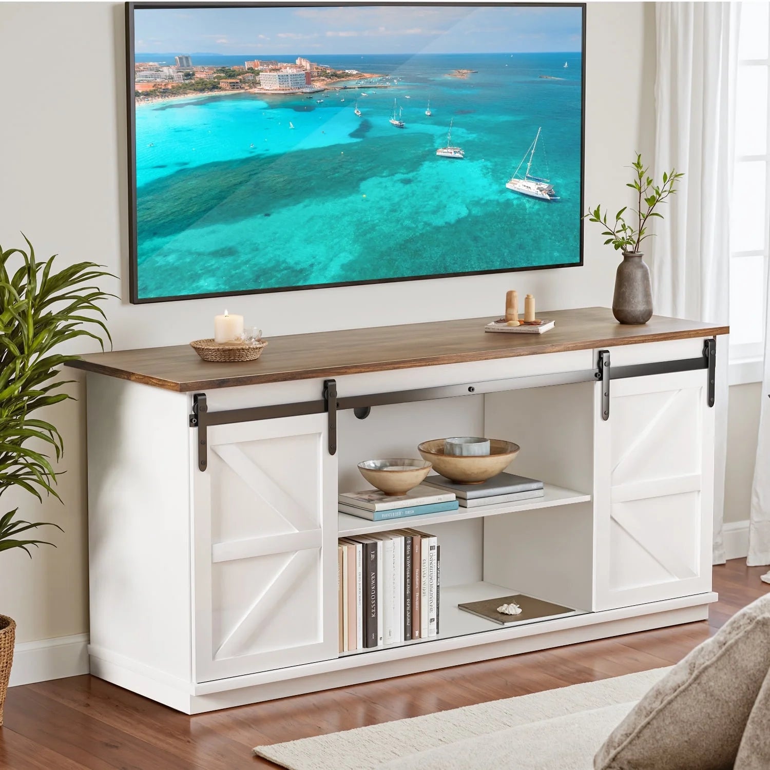 Homall TV Stand for 65 Inch TV, Storage Cabinet with Sliding Barn Door, Entertainment Center,Espresso