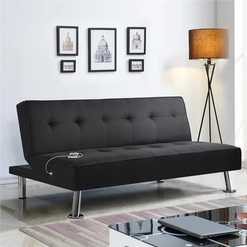 Alden Design 66" Modern Fabric Convertible Futon Sofa Bed with USB, Charcoal