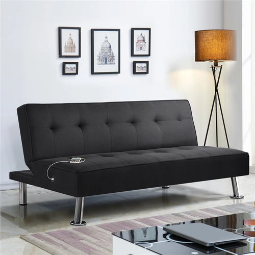 Alden Design 66" Modern Fabric Convertible Futon Sofa Bed with USB, Charcoal