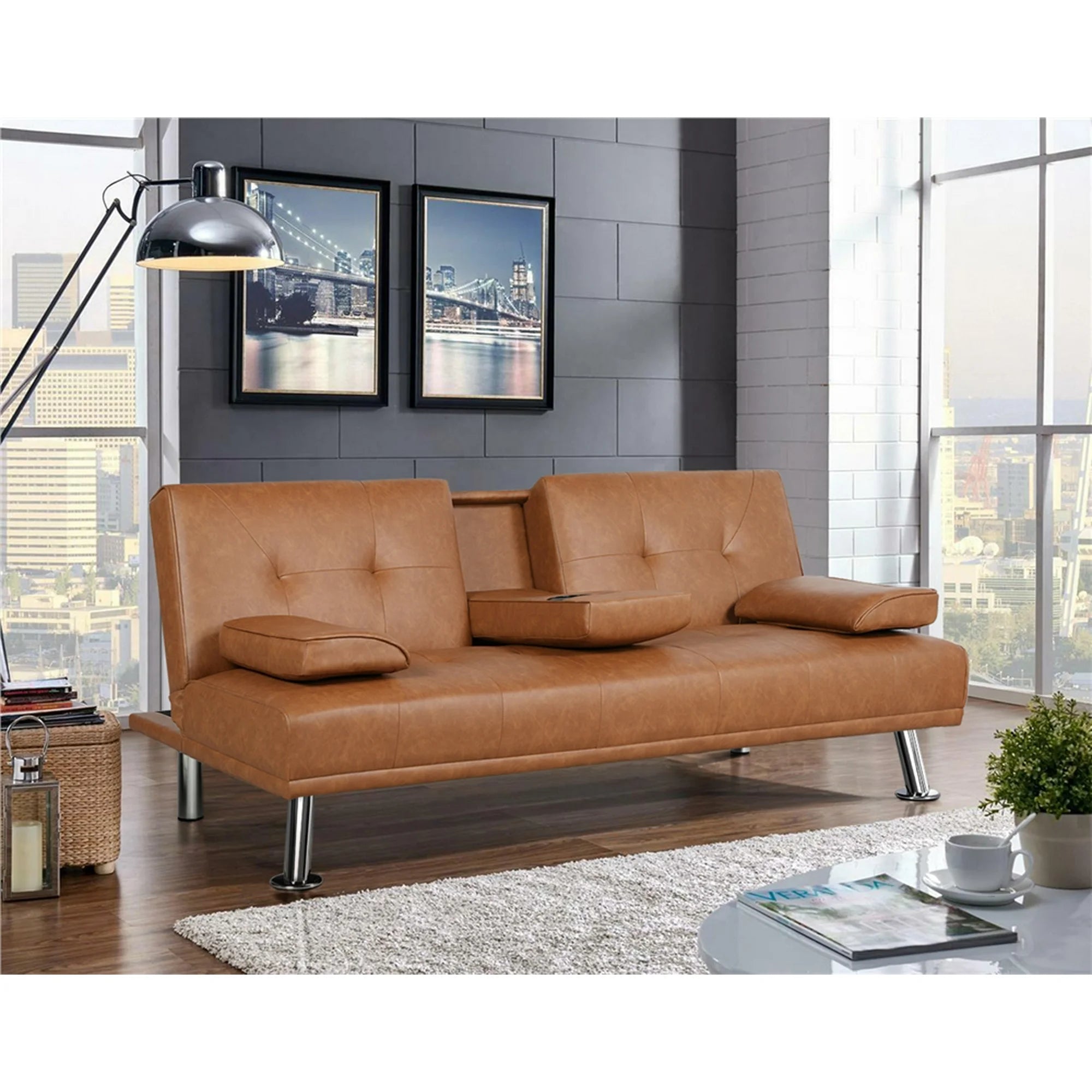 Renwick LuxuryGoods Modern Faux Leather Futon with Cupholders and Pillows, Black
