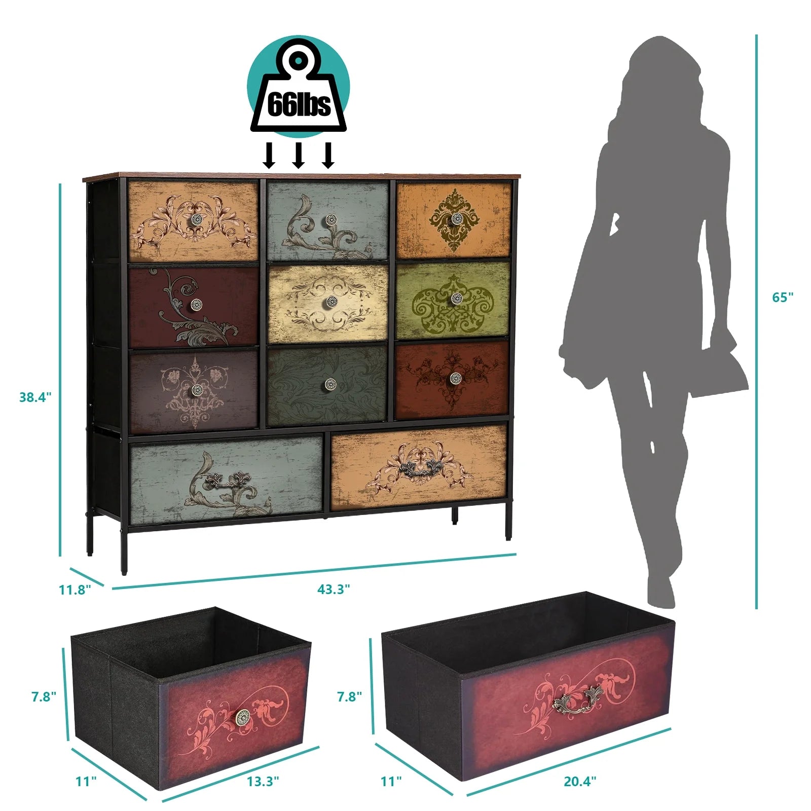 VASICAR Chest of Drawers for Bedroom with 11 Deep Drawers, Tall Fabric Dresser, Wide TV Stand, Storage Organizer for Closet, Nursery, Kid's Bedroom