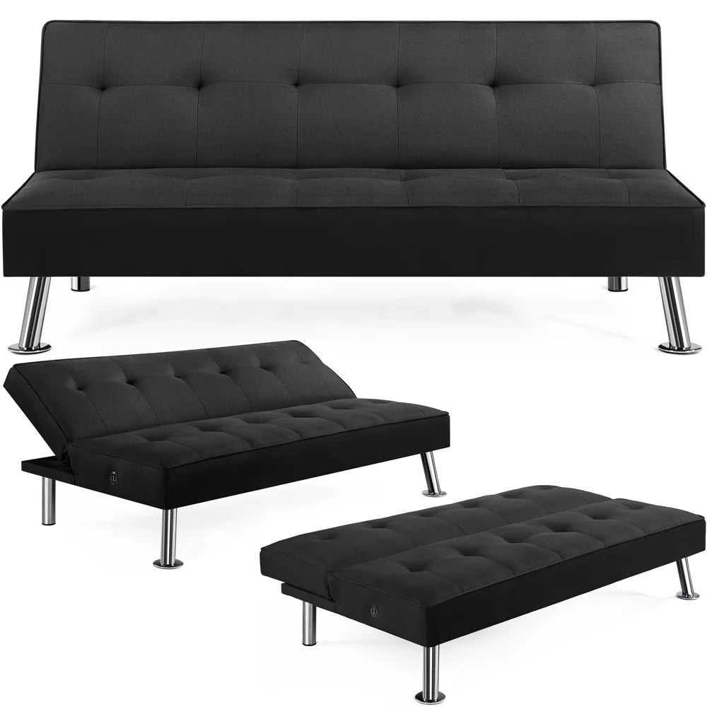 Alden Design 66" Modern Fabric Convertible Futon Sofa Bed with USB, Charcoal