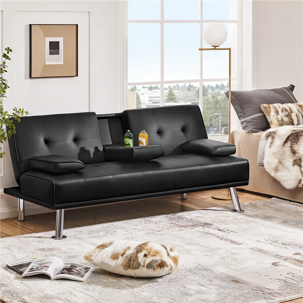 Renwick LuxuryGoods Modern Faux Leather Futon with Cupholders and Pillows, Black