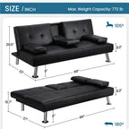 Renwick LuxuryGoods Modern Faux Leather Futon with Cupholders and Pillows, Black