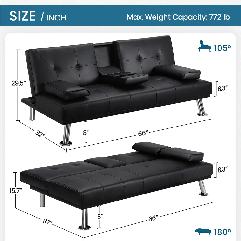 Renwick LuxuryGoods Modern Faux Leather Futon with Cupholders and Pillows, Black